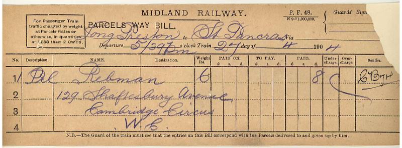 Parcel 27-04-04 to St Pancras - Rebman, Shaftesbury Avenue.jpg - Way Bill: Parcel 27-04-04 to St Pancras - Rebman, Shaftesbury Avenue, London